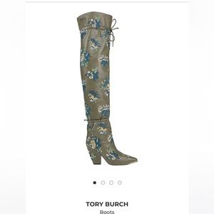 Tory Burch Lila Embroidered OTK Boot in Antique Green.